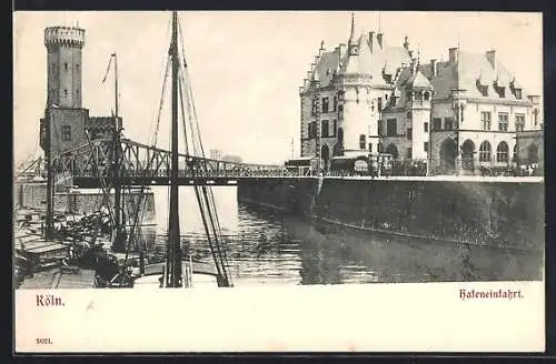 AK Köln, Hafen-Einfahrt mit Brücke