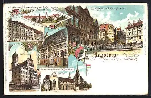 Lithographie Augsburg, Ludwigsplatz u. Augustusbrunnen, Drei Mohren u. Fuggerhaus, Philippine Welserhaus, Fuggerdenkmal