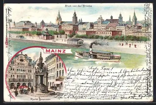 Lithographie Mainz, Blick von der Brücke und Markt Brunnen