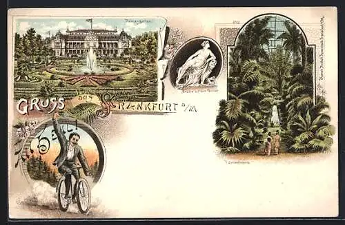 Lithographie Frankfurt-Westend, Palmengarten, Palmenhaus, Statue Ariadne auf dem Panther