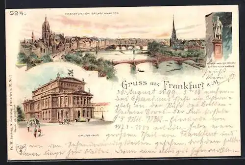 Lithographie Frankfurt a. M., Opernhaus und Statue Karls des Grossen