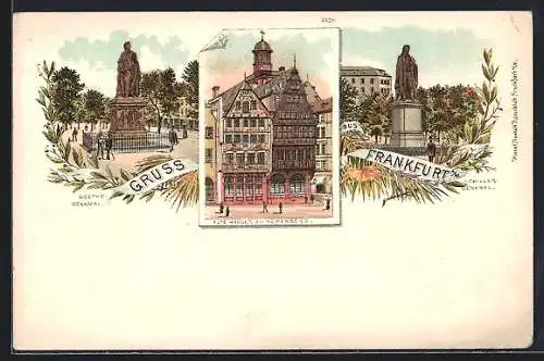 Lithographie Alt-Frankfurt, Schillerdenkmal, Goethedenkmal, Alte Häuser am Römerberg