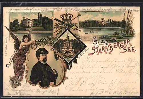 Lithographie Berg / Starnberger See, Schloss Berg, Votivkapelle für König Ludwig II, Roseninsel