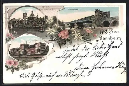 Lithographie Mannheim, Schloss und Rheinbrücke