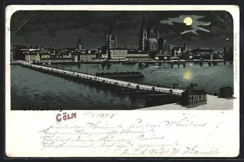 Lithographie Köln, Panorama über den Rhein zum Dom hin