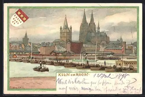 Künstler-AK Franz Hein: Köln, Totalansicht mit Booten und Dom, Wappen