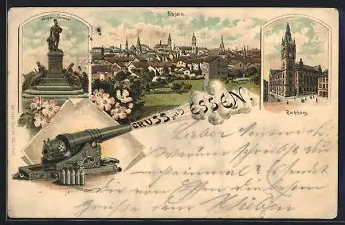 Lithographie Essen, Ortsansicht, Krupp-Denkmal, Geschütz, Rathaus