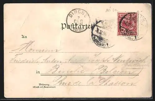 Lithographie Essen, Ortsansicht, Krupp-Denkmal, Geschütz, Rathaus