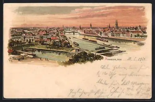 Lithographie Bremen, Stadtpanorama bei Sonnenuntergang