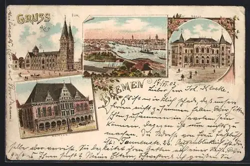 Lithographie Bremen, Dom, Rathaus und Börse