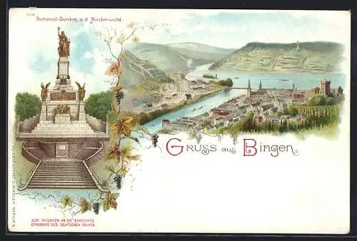 Lithographie Bingen / Rhein, National-Denkmal a. d. Niederwald