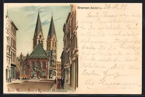 Lithographie Bremen, Kaiser-Wilhelm-Platz mit Rathaus und Domtürmen