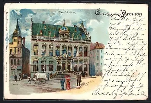 Lithographie Bremen, Der Schütting, Strassenansicht