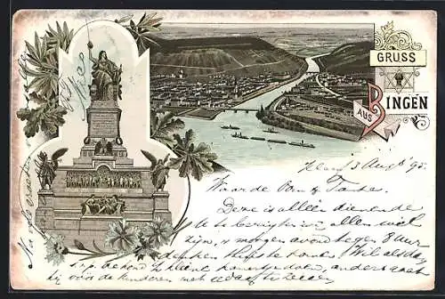 Lithographie Bingen / Rhein, Panorama und Niederwalddenkmal