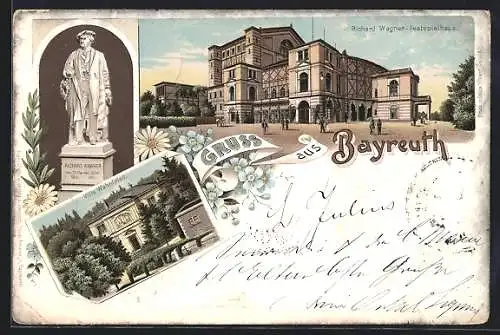 Lithographie Bayreuth, Festspieltheater, Wagner-Standbild, Villa Wahnfried