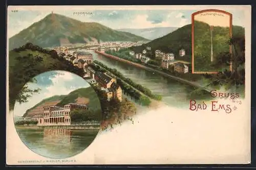 Lithographie Bad Ems, Kurhaus, Malbergbahn, Panorama