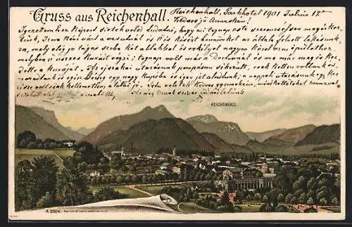 Lithographie Reichenhall, Panorama der Ortschaft