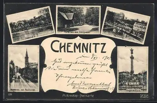 AK Chemnitz, Theaterstrasse, Pfortensteg und Siegesdenkmal