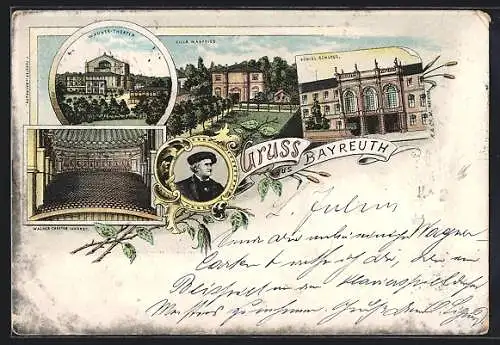 Lithographie Bayreuth, Villa Wanfried, Königliches Schloss, Wagner-Theater