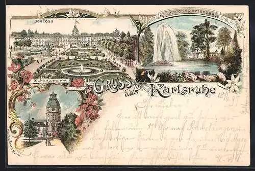 Lithographie Karlsruhe, der Schlossturm, Schlossansicht mit dem Park, der Schlossgartensee