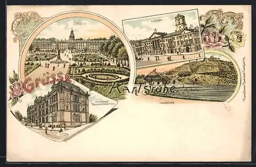 Lithographie Karlsruhe, Schloss, Rathaus, Grossherzogliche Baugewerkeschule