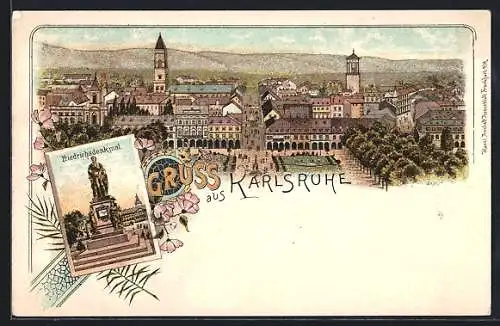 Lithographie Karlsruhe, Schloss, Friedrichsdenkmal