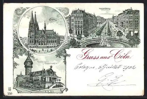 Lithographie Köln, Der Hohenstaufenring, Café Restaurant Ulrepforte, Dom