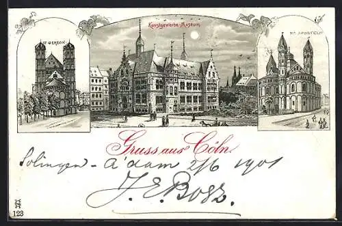 Lithographie Cöln, St. Gereon, Kunstgewerbe-Museum, St. Aposteln
