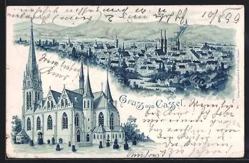 Lithographie Kassel, Blick auf die Stadt und Kirche