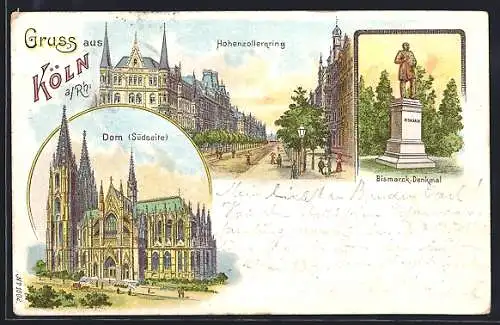 Lithographie Köln, Hohenzollernring, Dom (Südseite), Bismarck-Denkmal