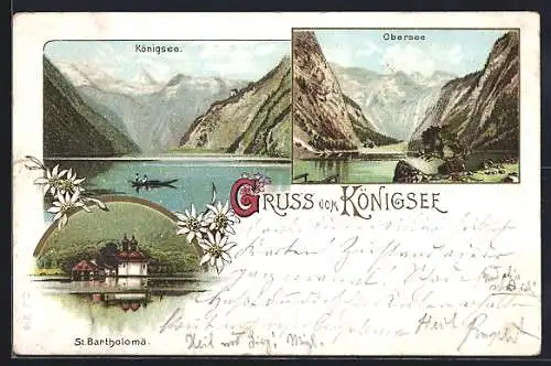 Lithographie Königssee / Berchtesgaden, Obersee und St. Bartholomä