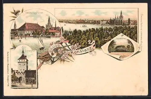 Lithographie Konstanz, Conciliumsgebäude, Schnetzthor, Blick auf die Stadt