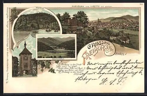 Lithographie Freiburg i. Br., Martinsthor, Waldsee, Güntersthal, Panorama vom Loretto aus