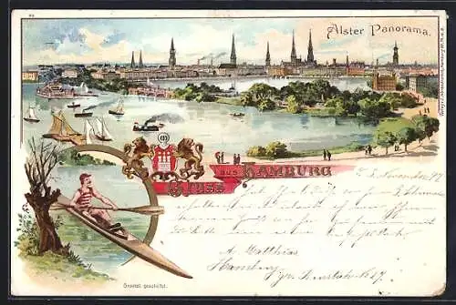 Lithographie Hamburg-Neustadt, Alster-Panorama, Kanufahrer, Stadtwappen, Dampfer, Segelboote um 1900