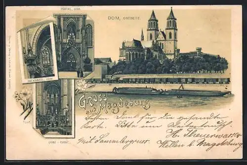 Lithographie Magdeburg, Dom vom Osten her, Portal, Kanzel, Chor