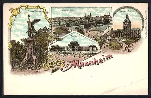 Lithographie Mannheim, Neckarbrücke, Kriegerdenkmal, Paradeplatz mit Kaufhaus