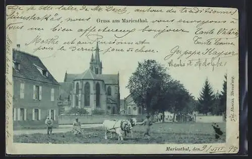 AK Marienthal, Kirche und Bauern mit Pferdepflug