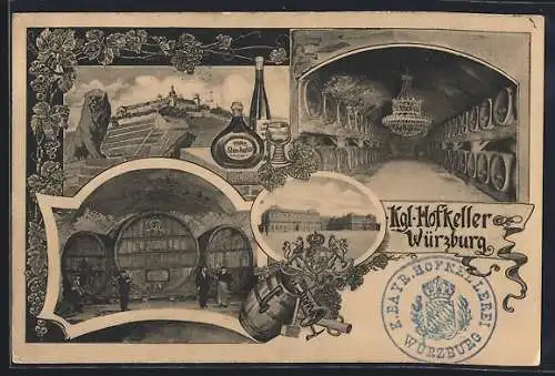 AK Würzburg, Kgl. Hofkeller, Innenansicht mit Weinfässern, Weinflaschen & Glas, Wappen