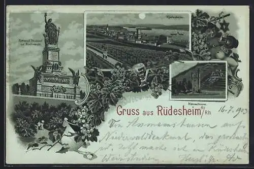 Mondschein-Lithographie Rüdesheim a. Rh., Teilansicht, National-Denkmal a. d. Niederwald, Mäuselturm