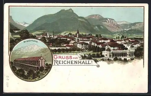 Lithographie Bad Reichenhall, Gradirhaus, Totale