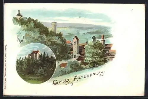 Lithographie Ravensburg / Württ., Ortsansicht und Waldburg