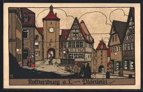 Steindruck-AK Rothenburg o. T., Strassenpartie am Plönlein