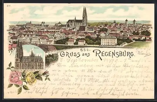 Lithographie Regensburg, Ortsansicht, Dom