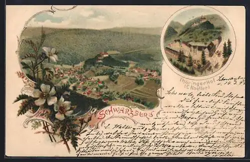 Lithographie Schwarzburg, Hotel Thüringer Hof, Teilansicht