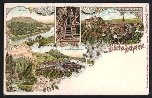 Lithographie Königstein / Sächs. Schweiz, Lilienstein, Hohenstein, Wolfsschlucht, Stadt und Festung Königstein