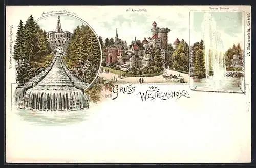 Lithographie Kassel, Grosse Fontaine, Löwenburg und Herkules mit den Cascaden