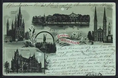 Mondschein-Lithographie Wiesbaden, Kursaal und Musikpavillon, Rathaus, Krieger-Denkmal