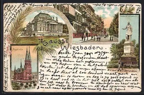 Lithographie Wiesbaden, Neues Theater, Ringkirche, Denkmal Wilhelm I.