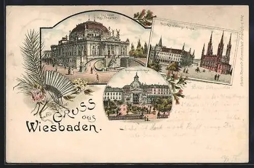 Lithographie Wiesbaden, Kgl. Theater, Kochbrunnenanlage, Rathaus mit ev. Kirche