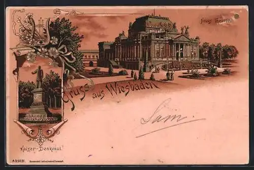 Lithographie Wiesbaden, Gesangwettstreit 1900, Kaiser-Denkmal, Neues Theater